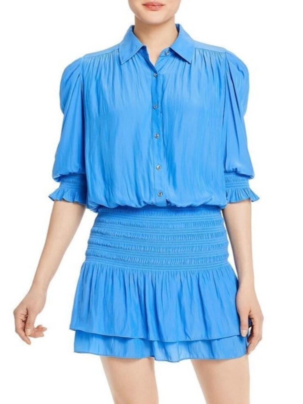NWT Ramy Brook Royce Puff-Sleeve Tiered Mini Dress Women’s Small Horizon Blue